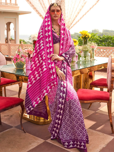 Stunning Pink Digital Printed Silk Traditional Saree With Blouse